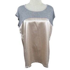 Daisy Fuentes L Blouse Champagne Grey Satin Cap Shimmer Mixed Media Metallic GUC